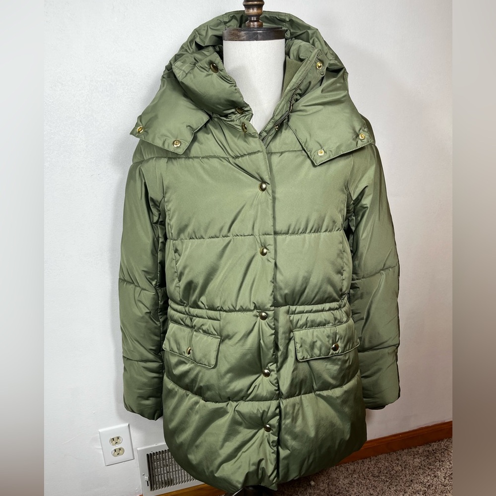 J Crew Womens Puffer Jacket Green Signature Coat Primaloft Winter Medium Tall